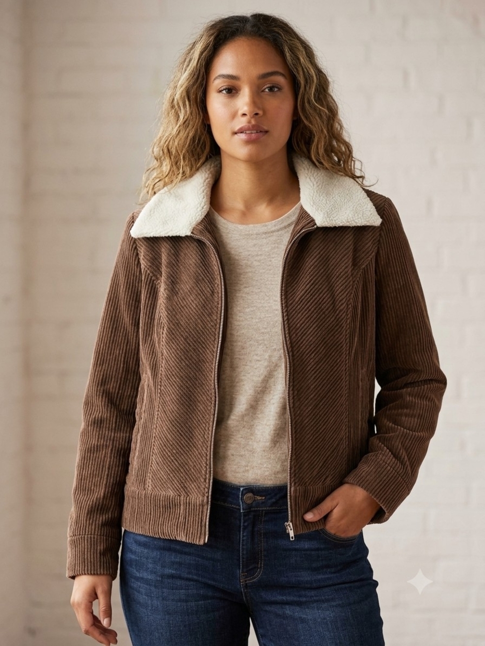 Women’s Brown Corduroy Teddy Collar Jacket - Classic Casual